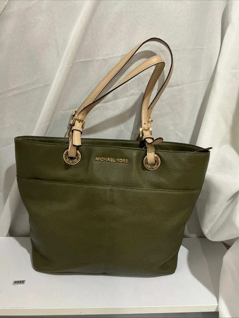 Michael Kors Olive Green Leather Tote with Beige Straps and Gold Hardware